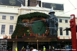 A giant Gandalf model on top of the Embassy Theatre, Wellington, New Zealand ahead of The Hobbit premiere